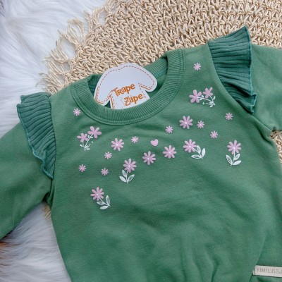 Conj. Casaco Floral de Moletom com Babadinhos e Calça Ribana Flare - Verde